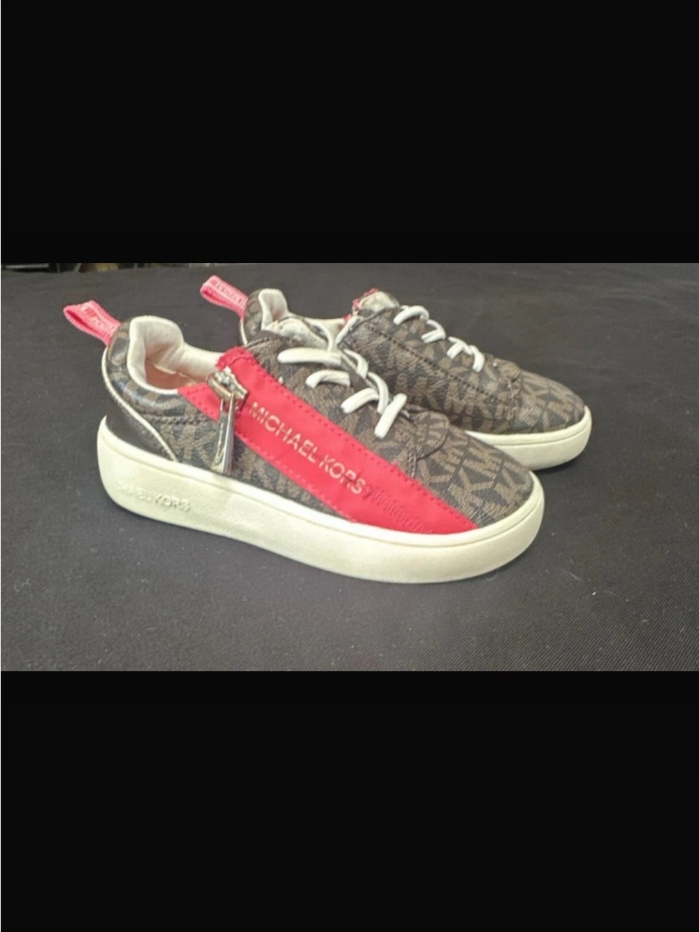 Michael Kors Kids Brown Logo Sneakers with Pink Stripe